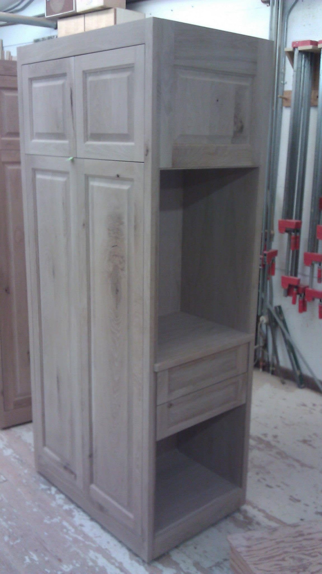 Raised panel cabinet tower under construction in the Cabinetworks shop
